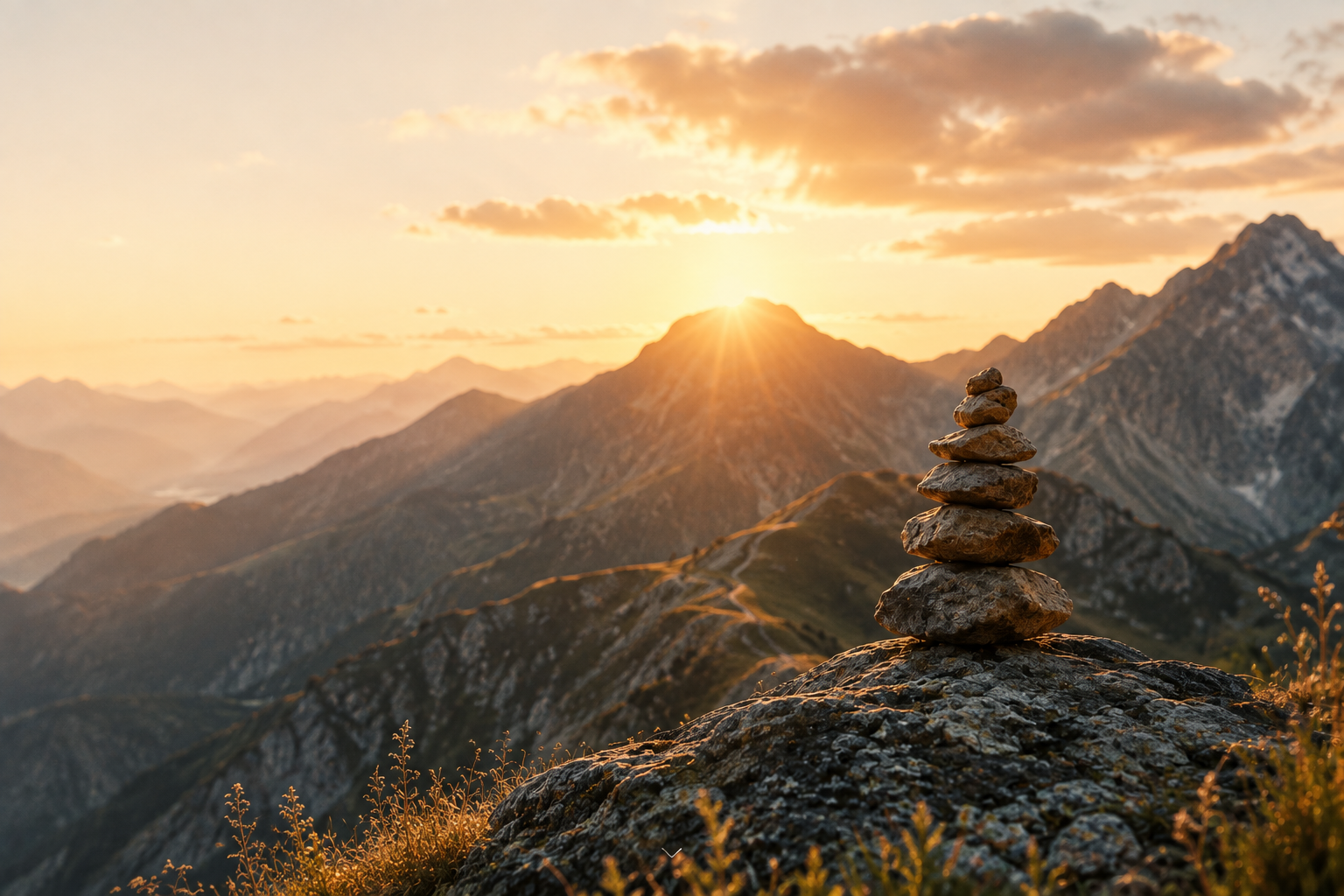 Sunrise over a mountain ridge with a small stack of stones in the foreground